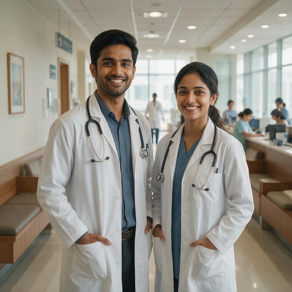 Two young Indian doctors in white coats in a hospital corridor