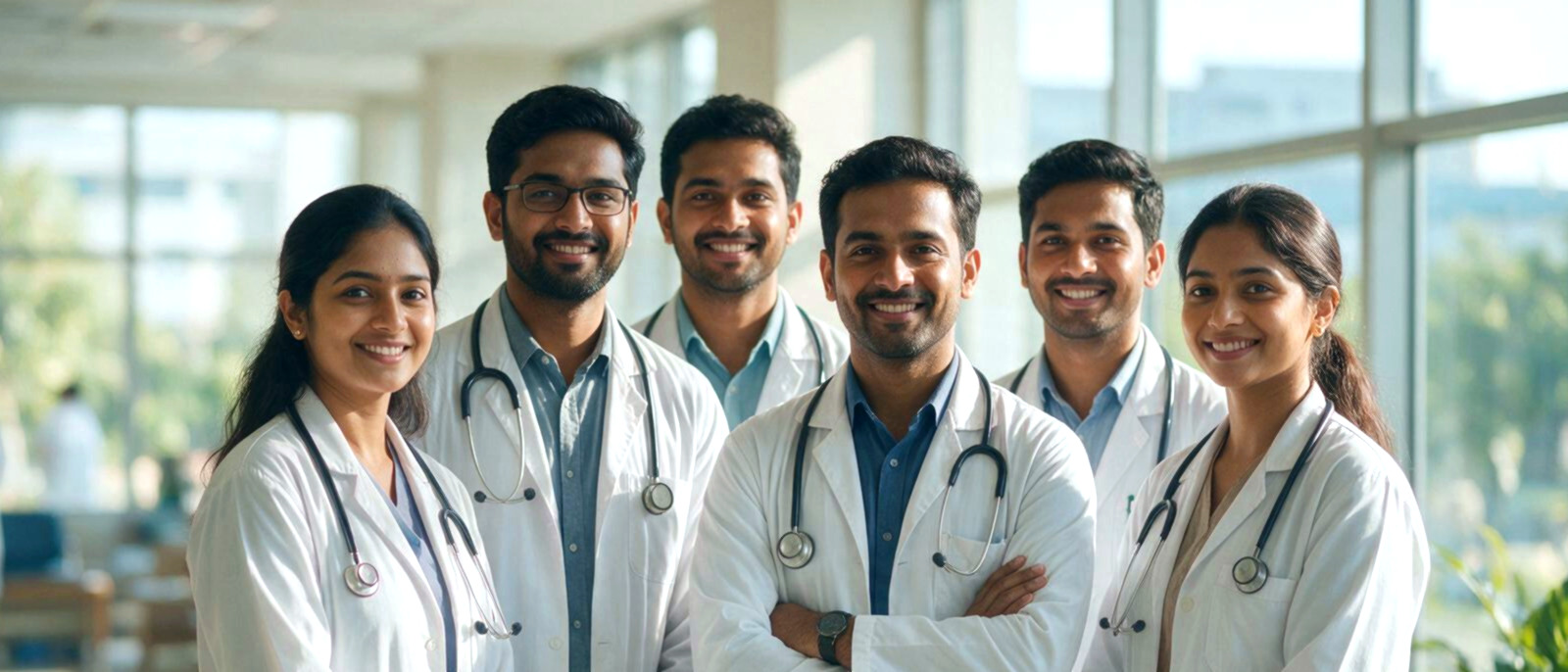 A group of Indian doctors in white coats in a bright modern hospital