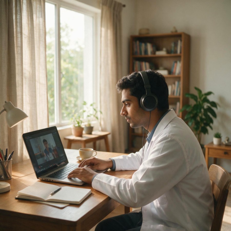 A doctor watching a recorded lecture at home